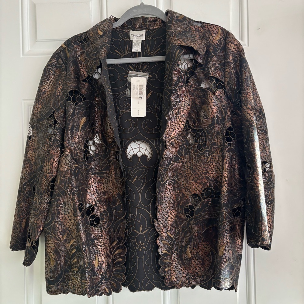 NWT Chico’s Metallic Open Weave Embroidered Jacket, Size 12